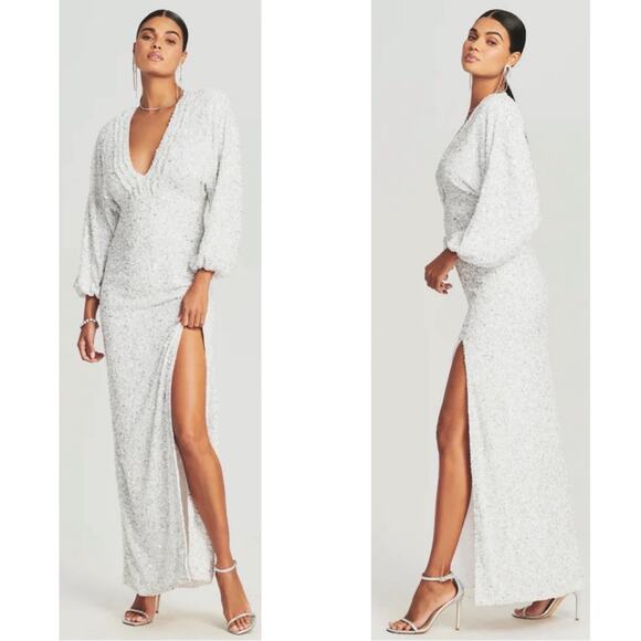 RETROFETE Camille Sequin Embellished Long Sleeve Deep V Maxi Dress Size Small - Picture 5 of 14